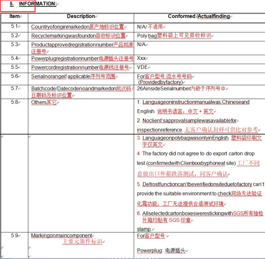Bilingual inspection checklist showing requirements and actual findings